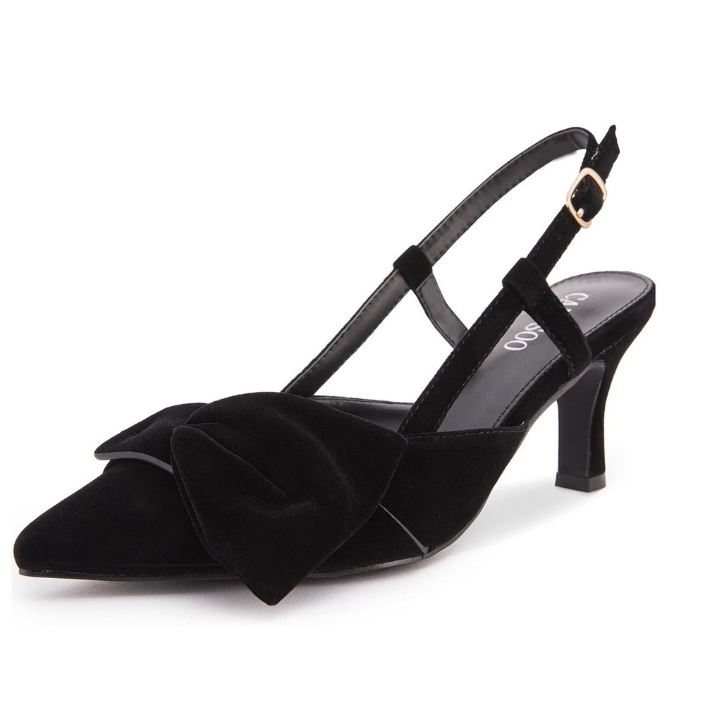 CAMSCOO Black Suede Pointed Toe Slingback Bow Kitten Heels Women Size 7.5 - Picture 1 of 12